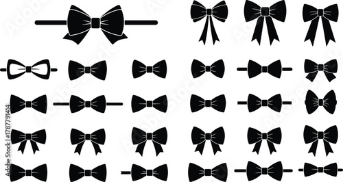Collection of elegant black bow tie silhouettes, various ribbon and bow designs for fashion accessories, decorative elements, vector illustration for design and branding