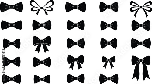 Collection of elegant bow tie silhouettes, ribbon and decorative bow vector illustration set for fashion, gift wrapping, celebration, and design decoration concepts