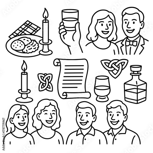 Burns Night Celebration. Burns Night Toast to the Lassies outline icon set: festive dinner, raised glass, romantic candlelight, poetic scroll, Celtic knot, cheerful faces, tartan