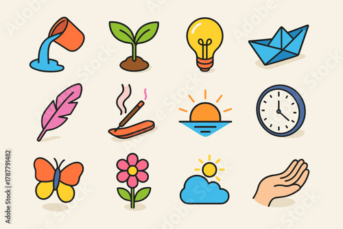 Symbolic Icons Collection. Symbolic Fresh Start modern flat icon set: water pouring, seed sprout, light bulb, paper boat, feather, cleansing smoke, sunrise, clock face, butterfly,