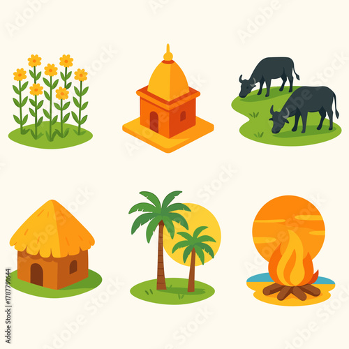 Rural Lohri Icons. Lohri Rural Landscape modern flat icon set: mustard blossoms, small temple, winding path, grazing buffaloes, traditional hut, palm grove, sunset sky, warm