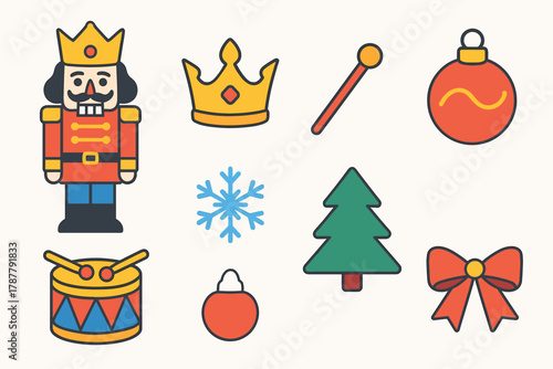Nutcracker Icon Set. Classic Nutcracker Scene modern flat icon set: nutcracker king, crown, baton, toy drum, ornament, snowflake, tree, ribbon bow.