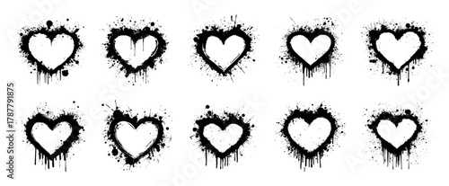 Collection of black grunge-style hearts with paint splatters and drips, ideal for edgy, modern, or creative design projects.