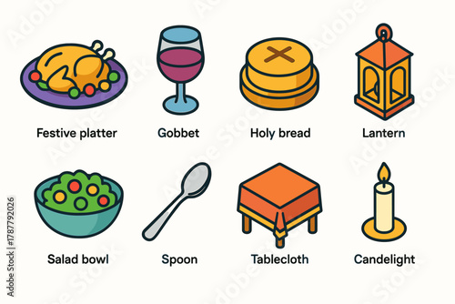 Orthodox New Year Icons. Orthodox New Year Celebration Table modern flat icon set: festive platter, goblet of wine, holy bread, lantern, salad bowl, silver spoon, tablecloth,