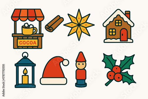 Yuletide Market Icons. Yuletide Market modern flat icon set: cocoa stand, cinnamon sticks, paper star, gingerbread house, candle lantern, Santa hat, wooden toy, holly sprig.