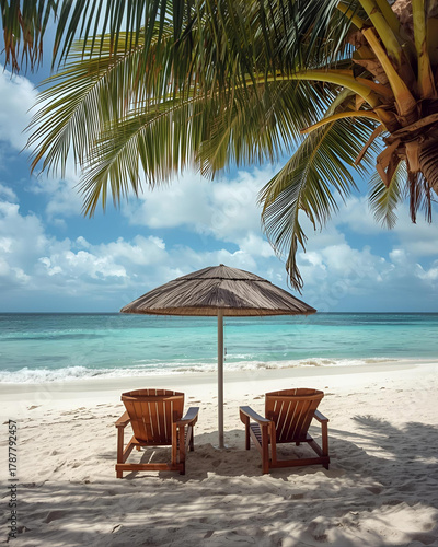 sandy beach, turquoise ocean, clear blue sky, green palm fronds, tropical beach, island paradise, palm trees, coastal scenery, beach vacation, tropical getaway, serene beach, exotic destination, ocean
