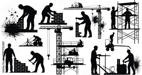 Construction workers building brick walls and operating cranes, industrial construction site vector illustration, teamwork, engineering, architecture, and heavy machinery labor concept scene