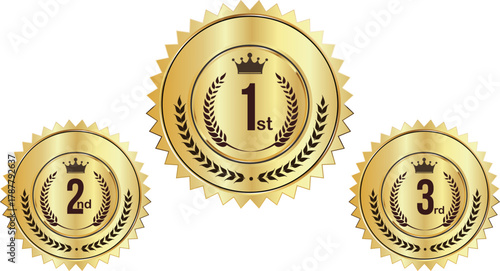 Premium Golden Ranking Seals: Metallic 1st 2nd 3rd Place Award Badges with Crown and Laurel Wreath for Competition Certification