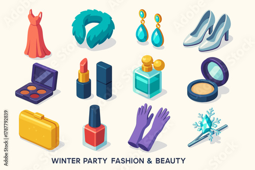 Winter Fashion Icons. Winter Party Fashion & Beauty modern flat icon set: long dress, fur collar, jeweled earrings, silver heels, lipstick tube, makeup palette, perfume vial,