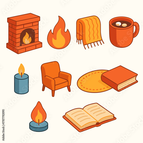 Cozy Fireside Icons. Cozy Fireside Warmth modern flat icon set: brick fireplace, flickering flame, knit throw, hot cocoa, candlelight, chair, rug, book.