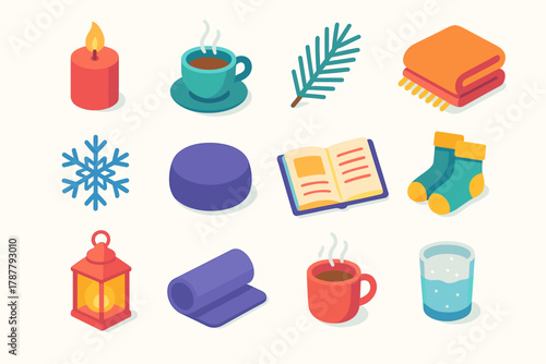 Winter Mindfulness Icons. Winter Mindful Living modern flat icon set: candlelight, warm tea cup, pine sprig, soft blanket, snowflake, meditation cushion, open journal, cozy socks,