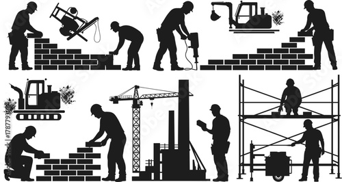 Construction workers building brick walls with heavy machinery and tools, industrial construction site vector illustration, teamwork and labor concept, architecture development scene