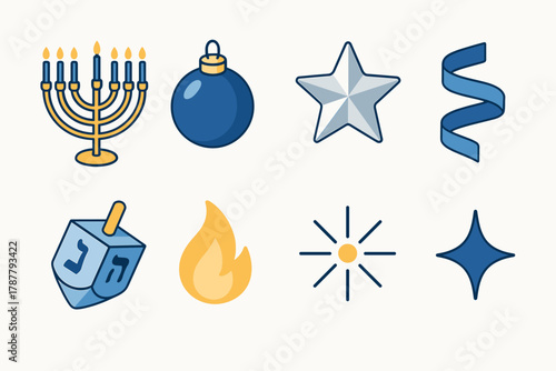 Minimalistic Holiday Icons. Elegant Holiday Decor modern flat icon set: menorah, blue ornament, silver star, ribbon swirl, dreidel, flame, light ray, sparkle.