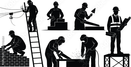 Construction workers welding, sawing, building, and wiring electricity, industrial construction site vector illustration, teamwork, engineering, and skilled labor concept for architecture development