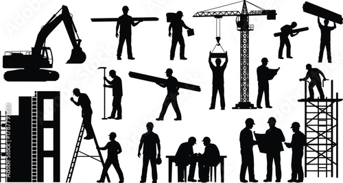Construction workers with crane, excavator, scaffolding and tools, teamwork and building process vector illustration showing industrial site development and engineering teamwork