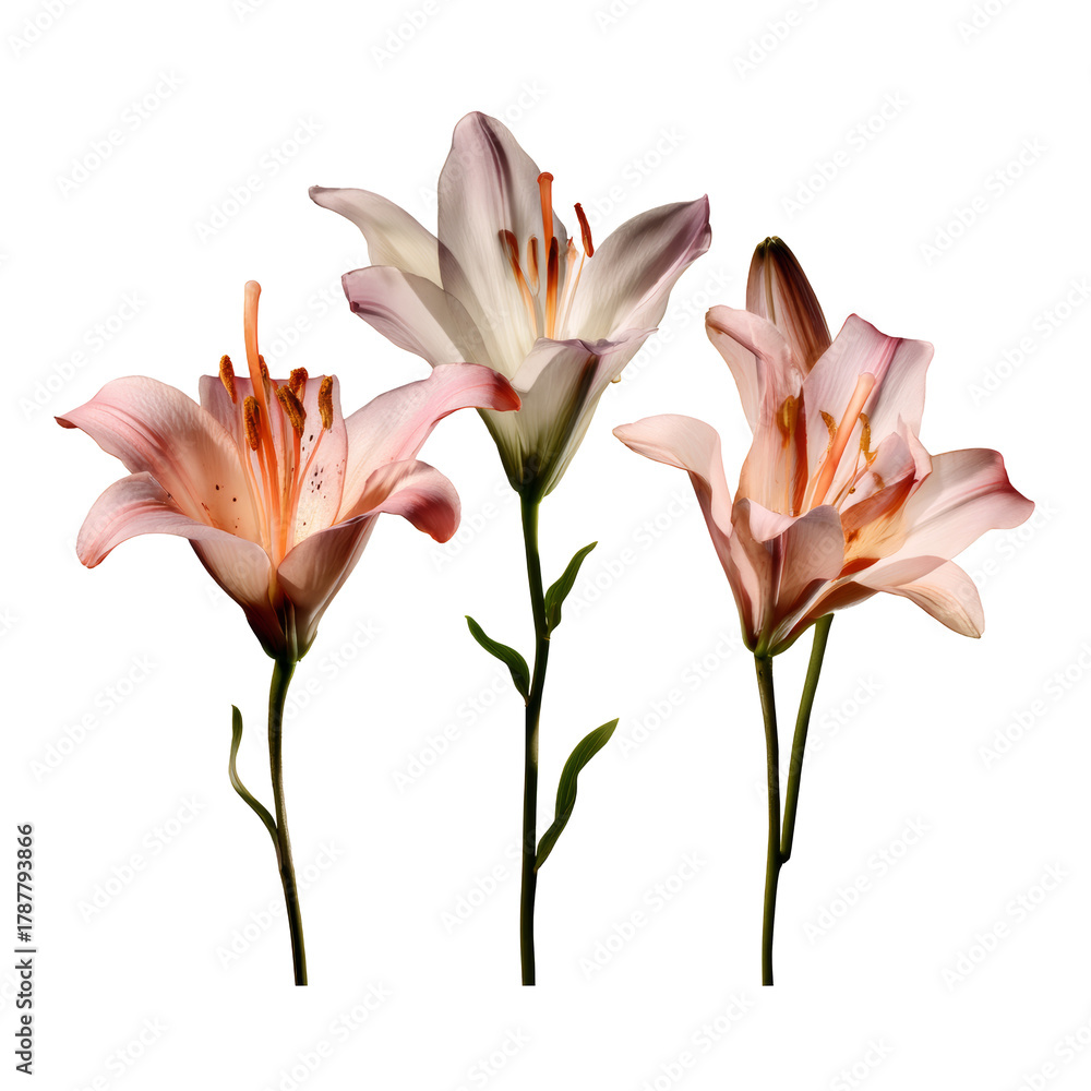 Obraz premium Three pink lily flowers blooming on transparent background