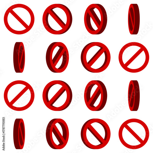 3D Style 16-Frame Sprite Sheet of Rotating Red No Sign General Prohibition Restricted or Forbidden Circle-Backslash Icon Set for Game or App Animation. Vector Image.