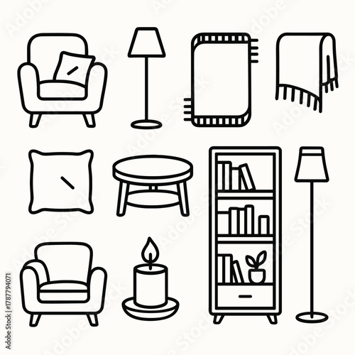 Cozy Interior Icons. Cozy Interiors outline icon set: armchair, floor lamp, rug, throw blanket, cushion, coffee table, bookshelf, candle.