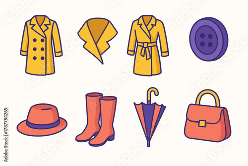 Vibrant Coat Icons. Classic Coats modern flat icon set: double-breasted coat, collar fold, waist tie, button detail, hat, boots, umbrella, handbag.