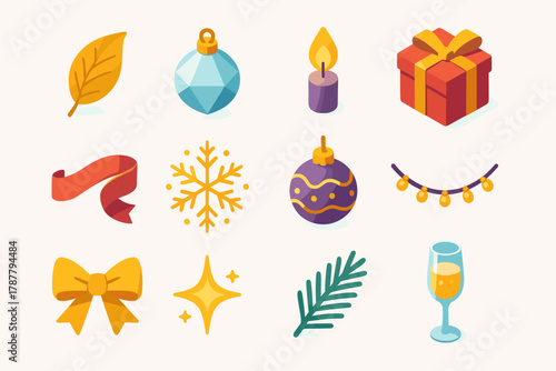 Festive Opulent Icons. Opulent Christmas Charm modern flat icon set: gold leaf, crystal bauble, candle flame, gift box, satin ribbon, snowflake shimmer, ornament string, garland,
