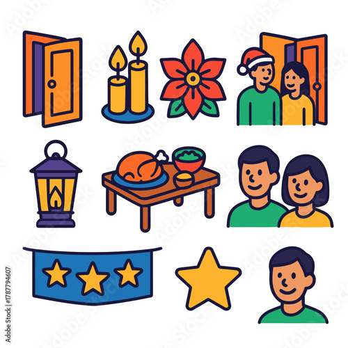 Iconos de Las Posadas. Las Posadas Warm Hospitality modern flat icon set: open door, candles, poinsettias, guests entering, lantern light, table with food, star banner, smiling
