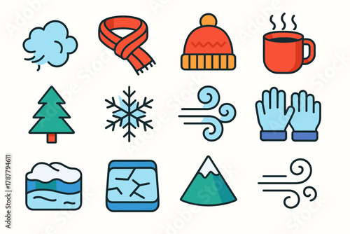 Winter Essentials Icons. Breath in the Cold Air modern flat icon set: visible breath cloud, cozy scarf, knit hat, steaming mug, pine tree, snowflake, frosty air swirl, wool gloves,