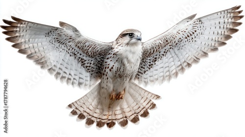majestic gyrfalcon soaring with wings spread wide against a clean white background