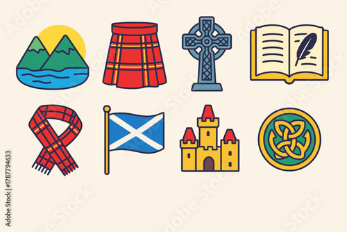 Scottish Heritage Icons. Burns Night Scottish Heritage modern flat icon set: Highlands scene, traditional kilt, carved stone cross, open poetry book, tartan sash, national flag,