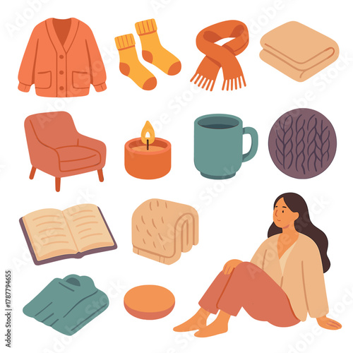 Cozy Comfort Icons. Stylish Comfort modern flat icon set: oversized cardigan, warm socks, cashmere scarf, neutral blanket, cozy lounge chair, flickering candle, ceramic mug, soft