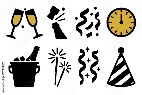 Festive New Year Icons. New Year Toast bold vector icon set: champagne flutes, popping cork, confetti, golden clock, bottle in ice bucket, sparklers, glitter streamers, party hat.