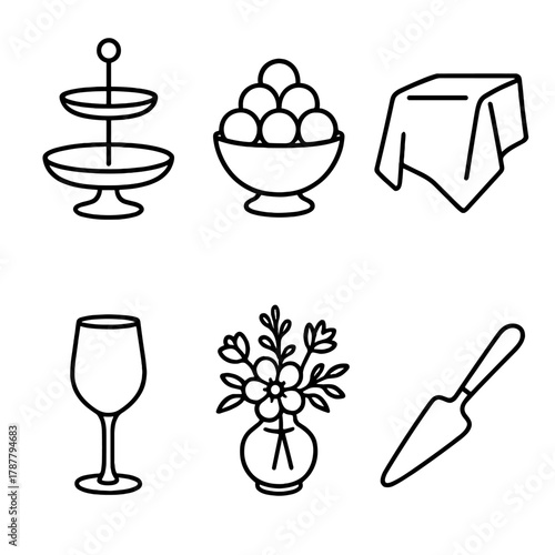 Elegant Treat Display. Elegant Treat Table outline icon set: tiered platter, truffle bowl, linen cloth, glassware, floral decor, cake server.