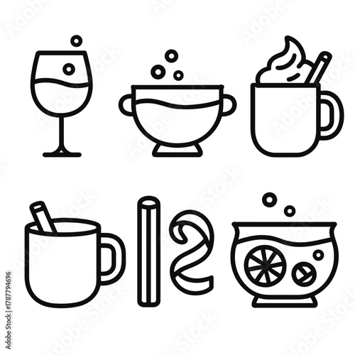 Holiday Drink Icons. Holiday Beverages outline icon set: wine glass, punch bowl, mug with cream, cinnamon stick, lemon twist, bubbles.