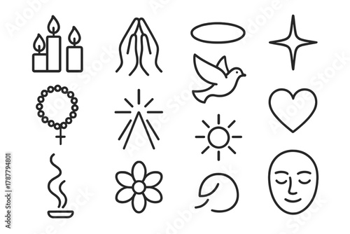 Serene Prayer Icons. Peaceful Prayer Symbols outline icon set: candle trio, folded hands, halo, star, beads, dove, light beam, heart, incense trail, flower, sun glow, peaceful face