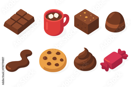 Delicious Chocolate Icons. Chocolate Treats modern flat icon set: chocolate bar, hot cocoa cup, brownie bite, praline, chocolate drizzle, cookie with chips, ganache swirl, candy