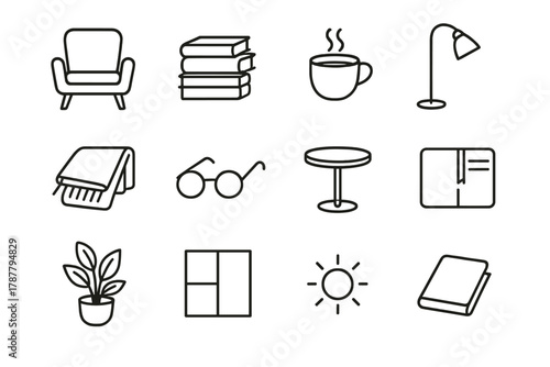 Minimalist Reading Space. Minimal reading corner set outline icon set: clean line chair, stacked books, cup of tea, floor lamp, folded blanket, reading glasses, side table,