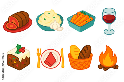 Winter Feast Icons. Traditional Winter Feasts modern flat icon set: roasted beef, garlic mashed potatoes, glazed carrots, wine glass, fruitcake slice, festive table setting, bread