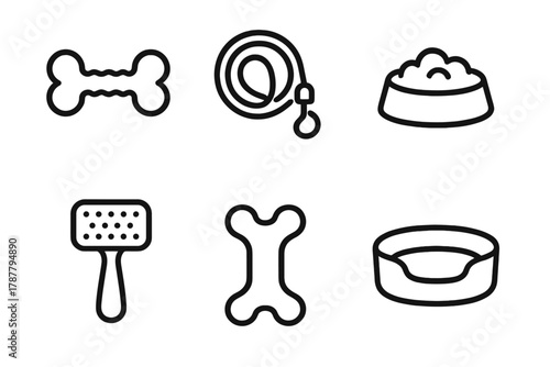 Pet Care Icons. Pet Care Packages outline icon set: chew toy, leash, food bowl, bone, grooming brush, pet bed.
