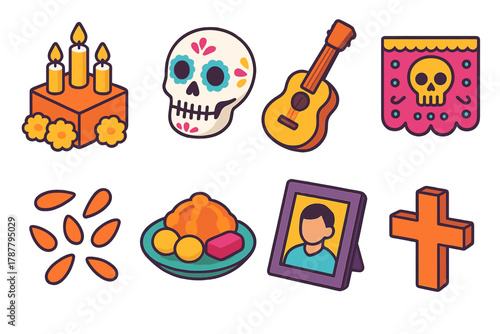 Ancestral Icons Collection. Ancestral Remembrance modern flat icon set: candle altar, sugar skull, guitar, papel picado banner, marigold petals, offering food, framed photo, cross