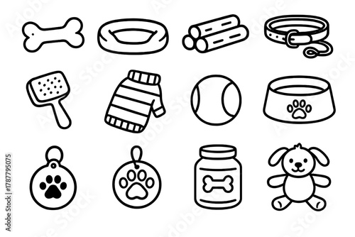 Dog Gift Essentials. Dog Gifts outline icon set: squeaky toy bone, cozy dog bed, chew treats, leash and collar set, grooming brush, dog sweater, tennis ball, food bowl,
