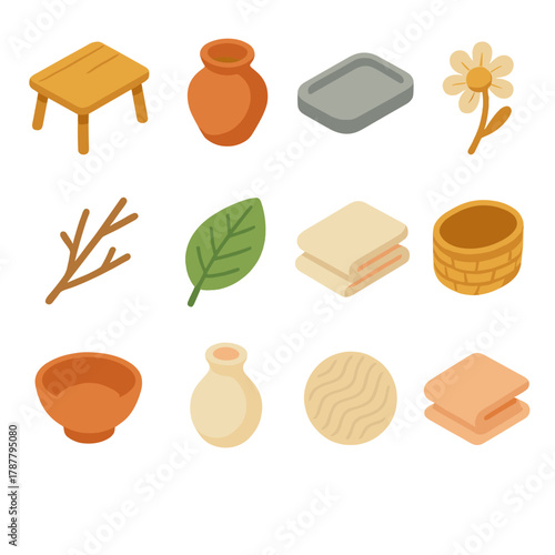 Minimalist Natural Icons. Natural Elements modern flat icon set: wooden table, clay pot, stone tray, dried flower, branch, leaf, linen, wicker basket, ceramic bowl, vase, wool