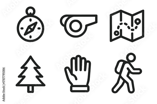 Hiking Tour Icons. Guided Hiking Tours outline icon set: compass, whistle, route map, pine tree, glove, hiker figure.