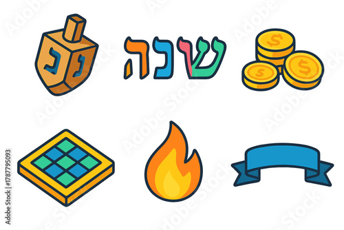 Hanukkah Dreidel Icons. Hanukkah Dreidel modern flat icon set: wooden dreidel, Hebrew letters, coins, game board, flame, ribbon.