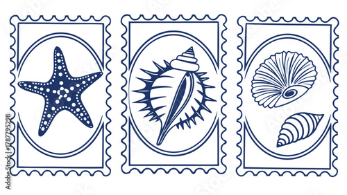Nautical Ocean Seashells Starfish Stamp Collection Vector Set with vector illustration