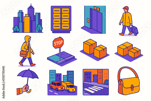 Urban Mail Delivery Icons. Urban Mail Run modern flat icon set: city skyline, apartment mail slots, delivery cart, elevator lobby, raincoat carrier, street corner stop, row of