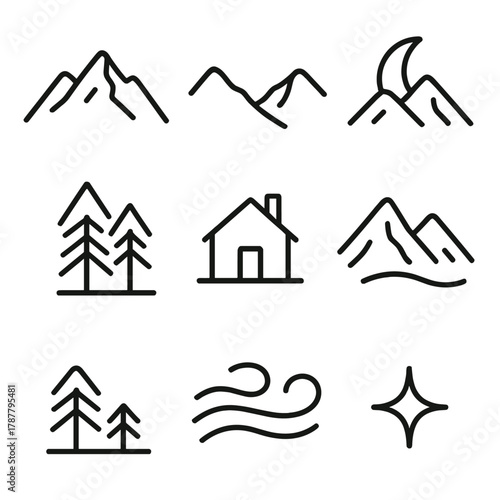 Minimalist Mountain Icons. Minimal Mountains outline icon set: peaks, valley, cabin, crescent moon, trees, frozen lake, fog wave, distant star.