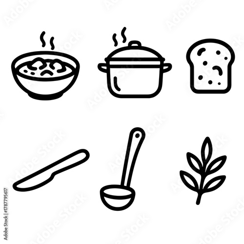 Mountain Chalet Cuisine. Mountain Chalet Meals outline icon set: stew bowl, cast iron pot, bread slice, butter knife, soup ladle, herbs.