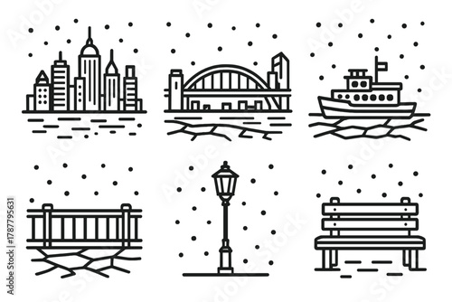 Urban Waterfront Icons. Urban Waterfront outline icon set: skyline reflection, bridge, ferry boat, railing, frozen canal, streetlamp, city bench, snowfall.