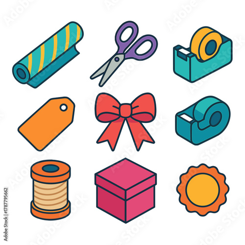 DIY Gift Icons. DIY Gift Wrapping modern flat icon set: wrapping paper roll, scissors, ribbon bow, tape dispenser, gift tag, twine spool, folded box, decorative sticker.