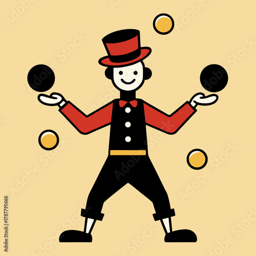 Cartoon juggler in top hat performing with balls