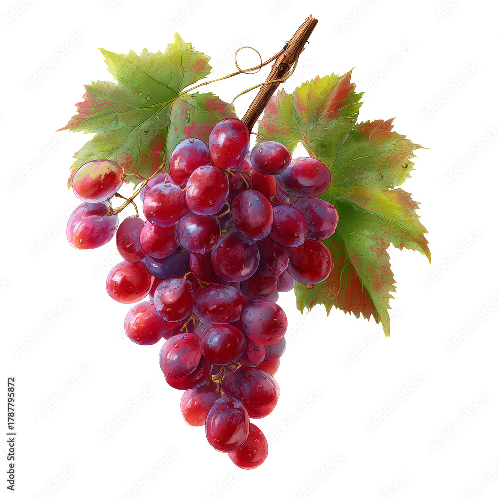 Fototapeta premium Red grapes bunch painting with green leaves and transparent background
